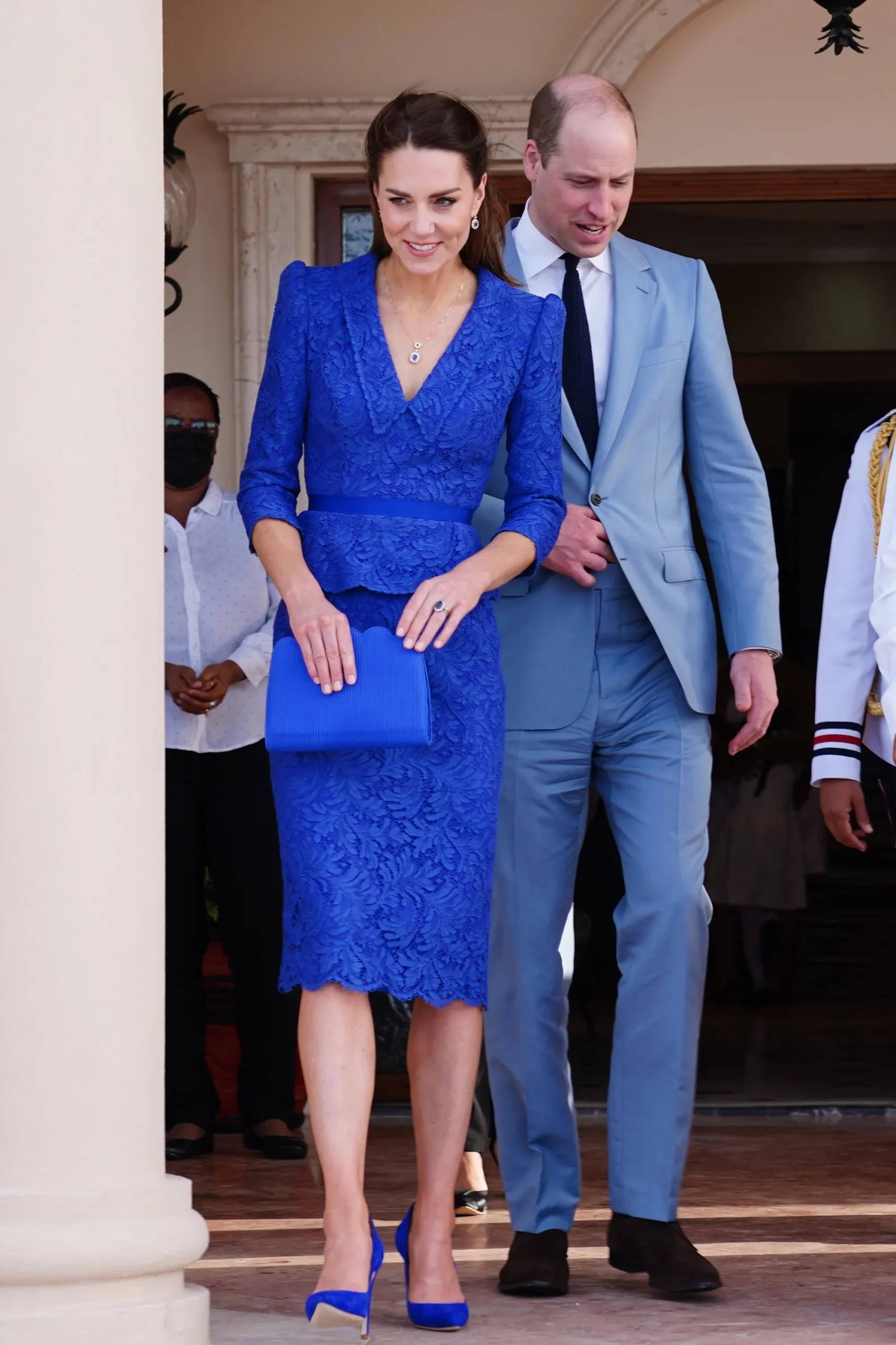 Kate Middleton Light Blue Lace Short Dress With Long Sleeves